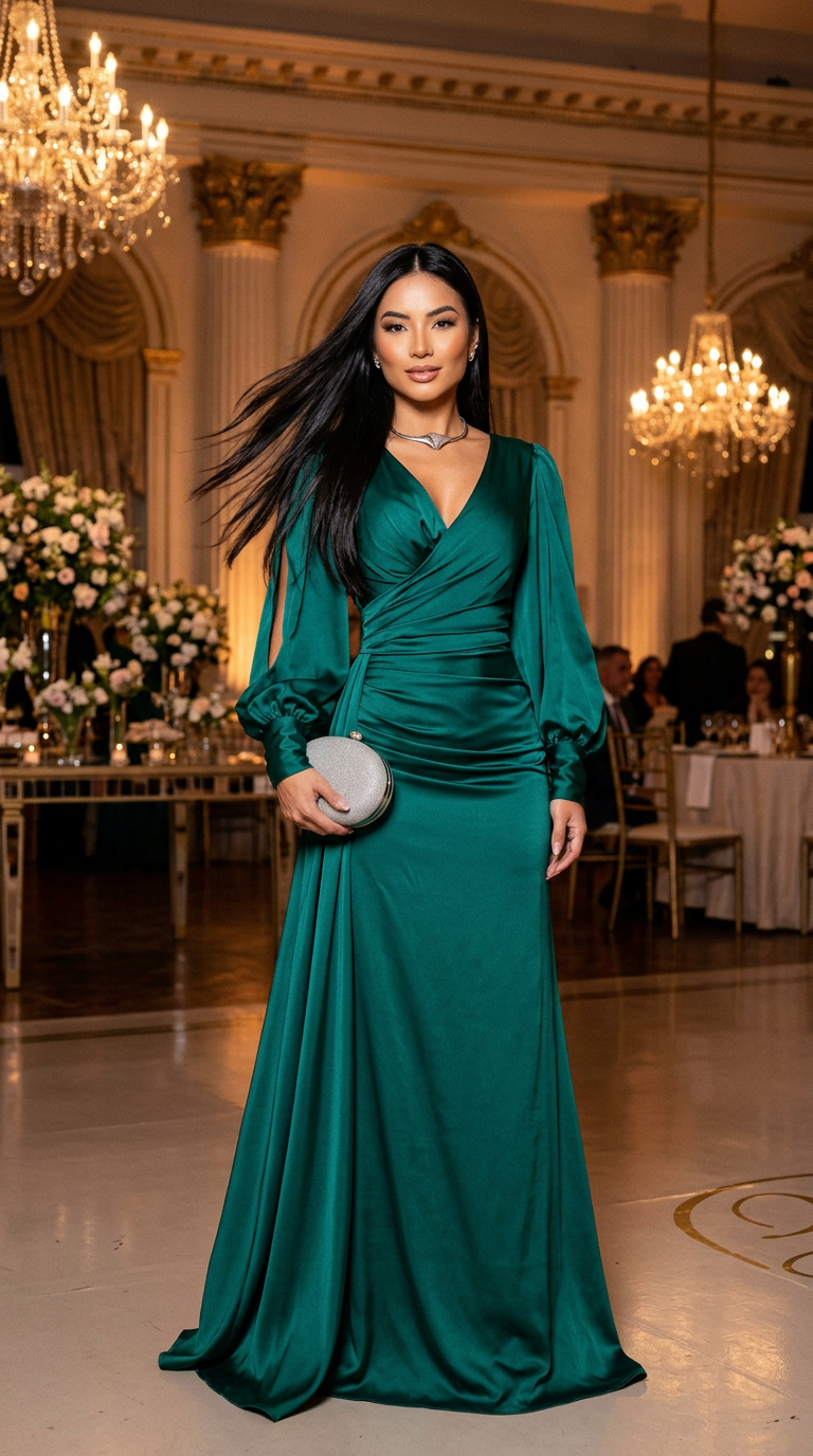 Vestido Manga Longa Com Abertura Lateral